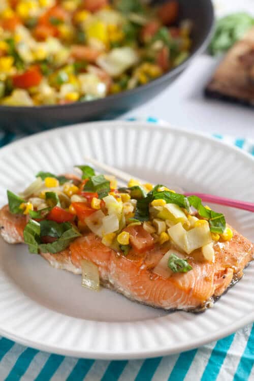 Maple-Mustard Salmon with Corn and Basil | Healthy. Delicious.