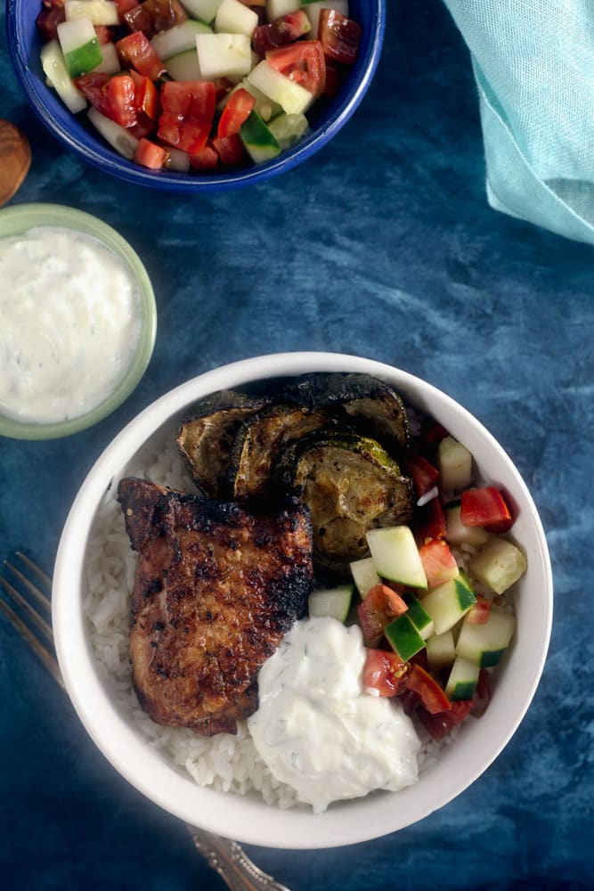 Grilled Greek Chicken Rice Bowls - With Cucumber Salad And Tzatziki