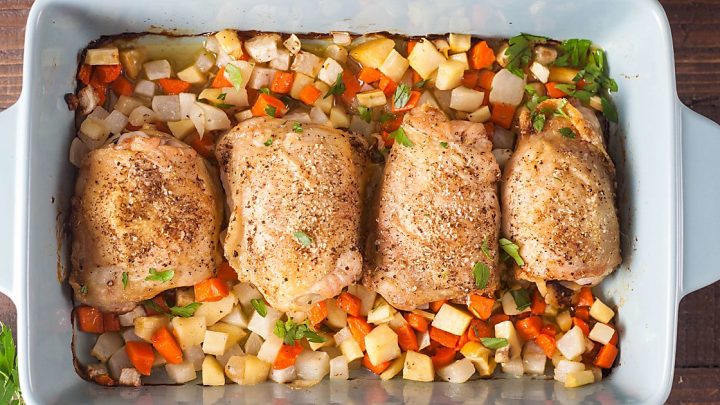 Crispy Baked Chicken Thighs With Root Vegetables Gluten Free Low Carb Whole 30 Healthy Delicious