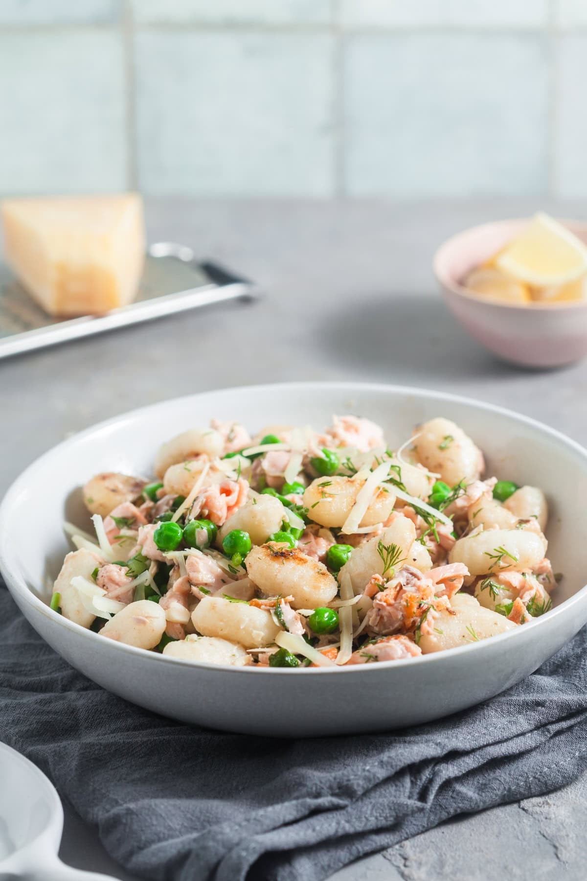 Salmon gnocchi with peas