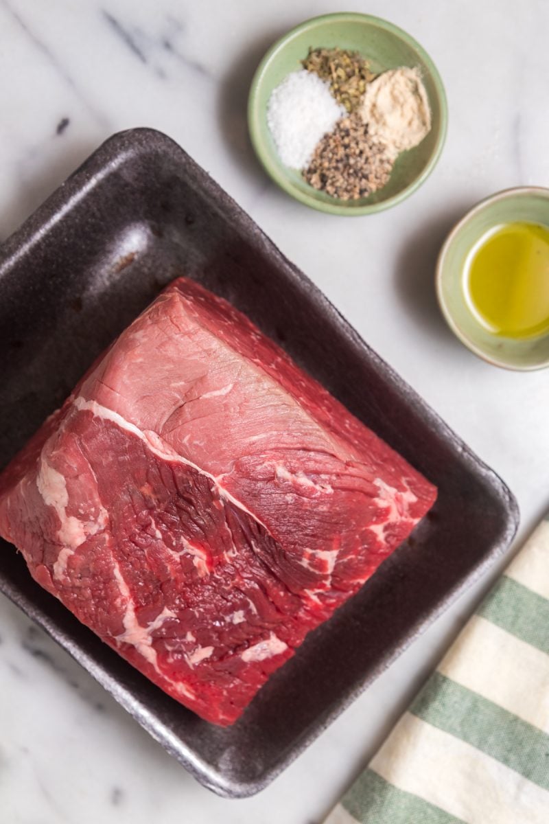 Overhead view of ingredients needed to make roast beef in the air fryer. 